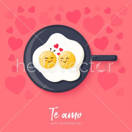 Cute food cartoon characters in love, Valentine's background - Vector Illustration