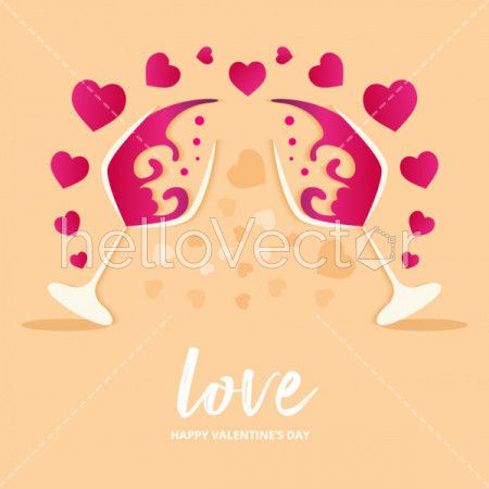 Glasses of red wine with hearts and typography, Valentine greeting card - Vector Illustration