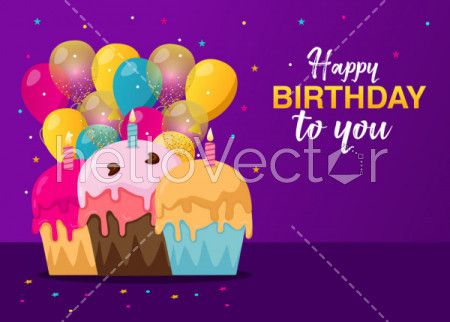 Birthday celebration party background with cake, balloons, confetti - Vector Illustration