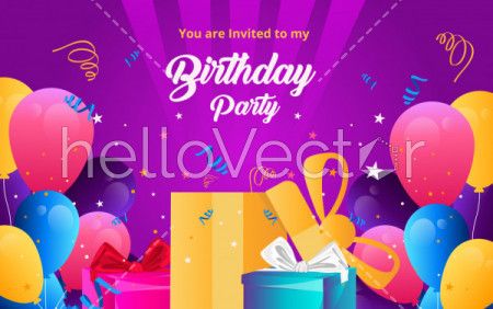 Colorful birthday invitation card with balloons, gifts and typography - Vector Illustration
