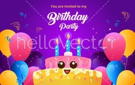 Cute birthday cake cartoon character with balloons - Vector Illustration