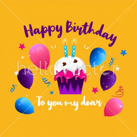 Birthday background with colorful balloons, cake and more - Vector Illustration