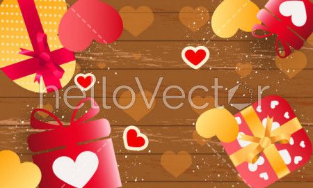 Love wooden background with hearts and gifts - Vector Illustration