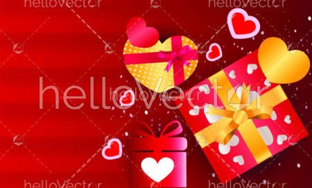 Love red background with hearts and gifts - Vector Illustration