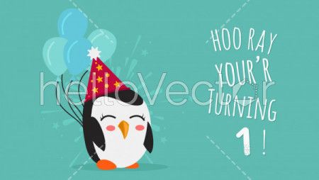 Birthday template with cute penguin and typography - Vector Illustration