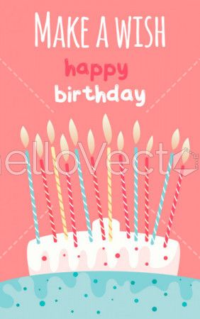 Birthday card with cake, candles and typography - Vector Illustration