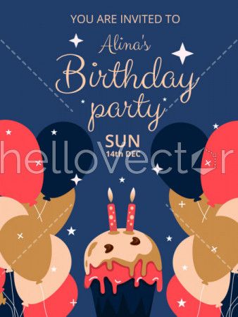 Birthday invitation card with colorful balloons and cake - Vector Illustration