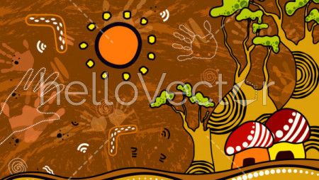 Aboriginal art vector background depicting nature.