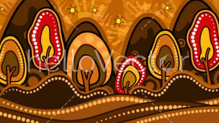 Tree on the hill, Aboriginal art vector painting depicting nature