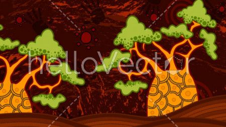 Tree on the hill, Aboriginal art vector painting depicting nature