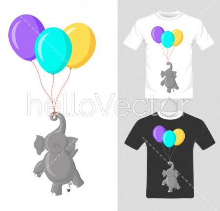 T-shirt graphic design. Elephant with balloon vector illustration.