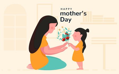 Daughter giving flowers to her mother, Happy mother's day graphic