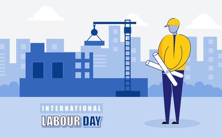Labour day background with architect, crane, buildings, illustration