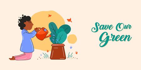 Save Our Green Illustration, Girl Giving Water To Plant