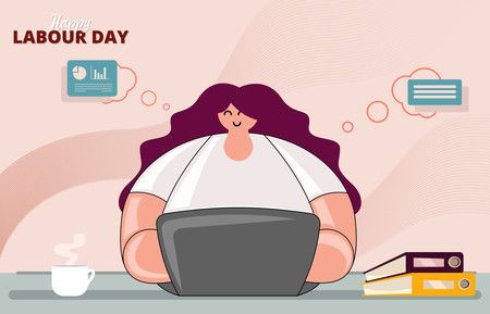 Woman with laptop at office, Labour day vector illustration