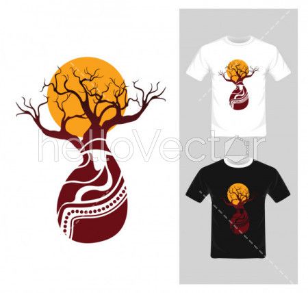T-shirt graphic design. Abstract tree with sun - vector illustration