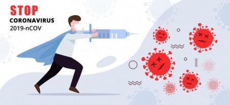Person fighting with virus, Coronavirus cure concept illustration