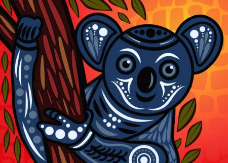 Aboriginal art vector painting with koala bear on wood branch