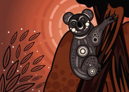 Aboriginal art vector painting with koala bear on wood branch