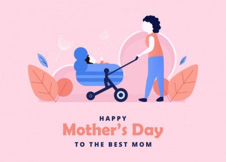 Mother walking with baby stroller. Happy mother's day vector graphic