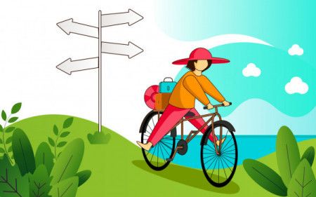Travel and Tourism colorful Background, with a girl riding a bicycle