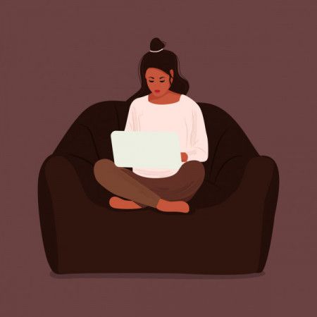Woman sitting on sofa with laptop - Vector illustration
