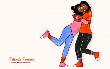 Two smiling girls hugging vector cartoon. Happy friendship day illustration