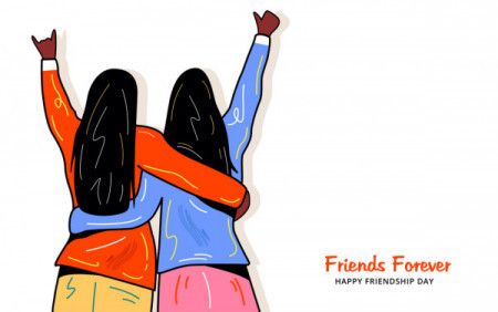 Back view of two hugging friends. Happy friendship day greeting card