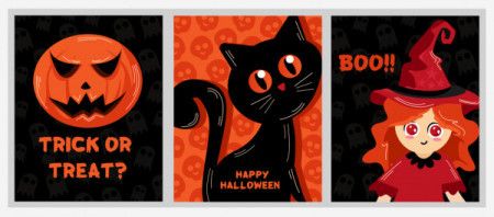 Pumpkin, halloween cat and witch illustration set