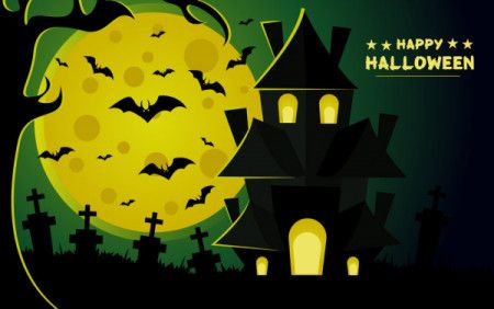 Halloween vector scary night background with witch castle