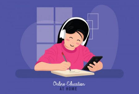 Little girl studying online with the phone