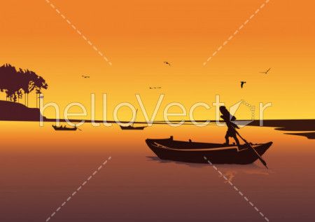 Sunset background with river. Silhouette of man in boat rowing Vector.