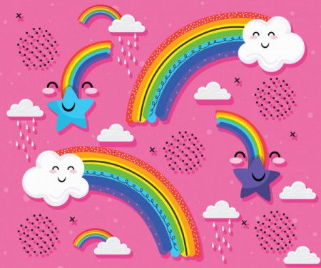Rainbow background for kids with cute clouds and happy star