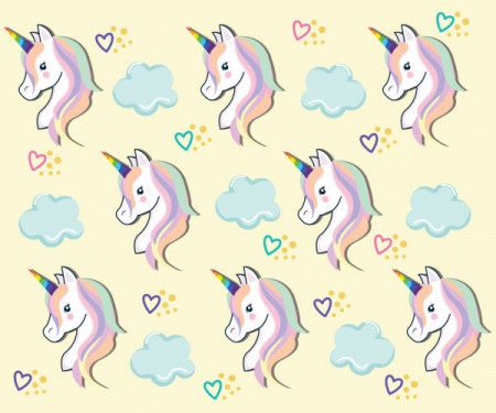 Seamless pattern with rainbow unicorns and clouds