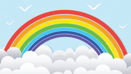Origami style color rainbow with clouds