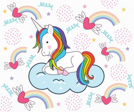 Cute unicorn on clouds with decorative rainbow pattern