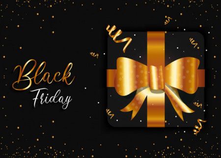 Black friday gift sale banner with golden particles