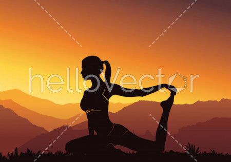 Silhouette yoga background. Young woman practicing yoga on mountain - vector illustration