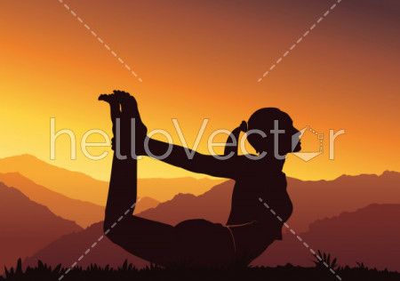 Yoga background. Silhouette of woman doing yoga on mountain - vector illustration
