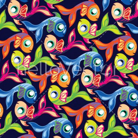 Fish background vector. Cute colorful fishes on dark background.