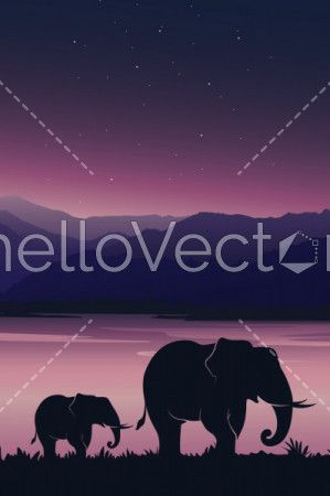 Beautiful sunset background with Elephant. Baby elephant with mom under pink sky - Vector illustration