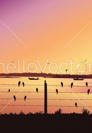 Nature background with river portrait view. Birds sitting on railing, Colorful sunset - Vector illustration