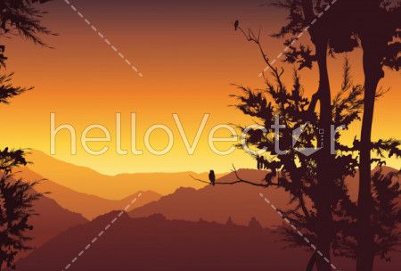 Nature background. Colorful sunset in wild valley, mountain with trees - vector illustration
