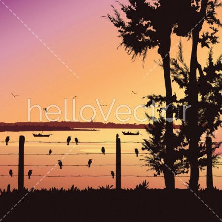 Nature background with river and tree. Birds sitting on railing, Colorful sunset - Vector illustration