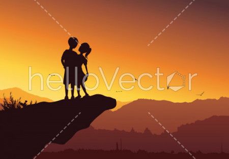 Silhouette of cute couple on top of the mountain - Vector background