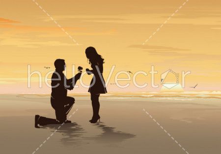 Silhouette of young man with rose proposing to his beloved on the sea beach background