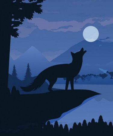 Fox silhouette with blue moon background