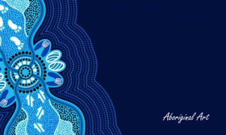 Blue poster template with aboriginal art