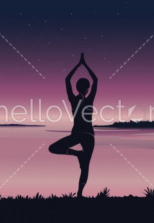 Yoga background. Silhouette of young woman practicing yoga at river front - vector illustration