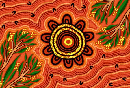 Aboriginal art background with wattle leaf